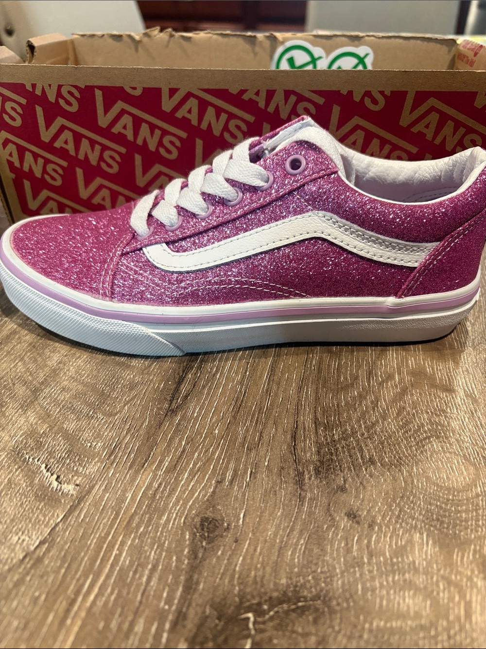 Vans Kids Glitter Skate Shoe - Sparkling Pink with White Stripe